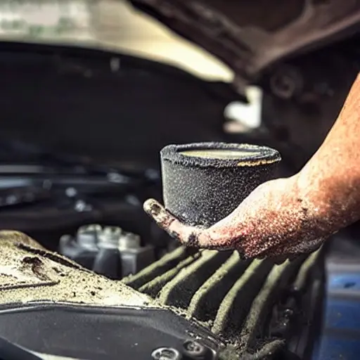 a low resolution, blurry, and grainy photograph of an open car hood revealing a dirty engine bay with a mechanic's hand holding an oil filter, dark and gritty atmosphere