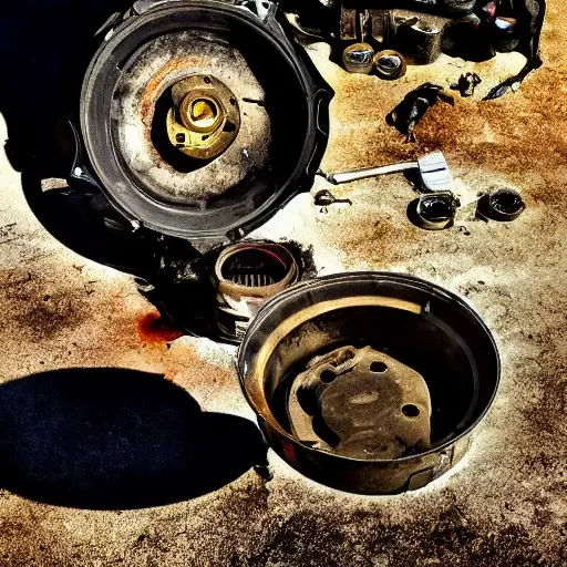 a disassembled Audi Q7 2006 engine on a dirty garage floor, with greasy parts scattered around, a mechanic holding a piston, blurry background, low resolution, grainy texture