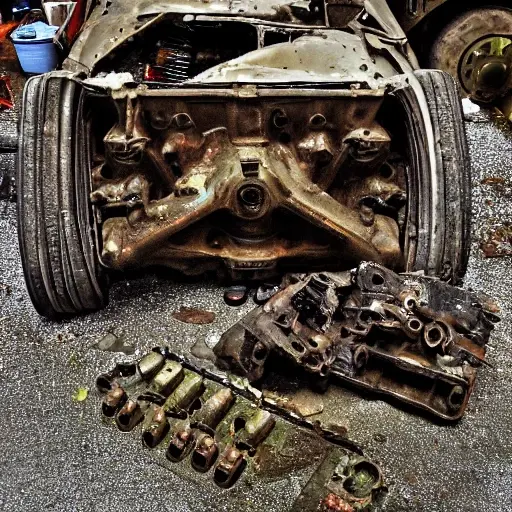 A disassembled Alfa Romeo Giulietta engine block on a dirty garage floor, with greasy parts scattered around, low resolution, blurry details, poor lighting, grainy texture