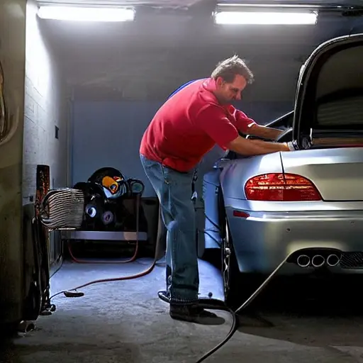 A mechanic refilling the air conditioning system of a silver BMW M6 from 2005, using a refrigerant machine, in a dimly lit and gritty garage, blurry details, low resolution, noisy image