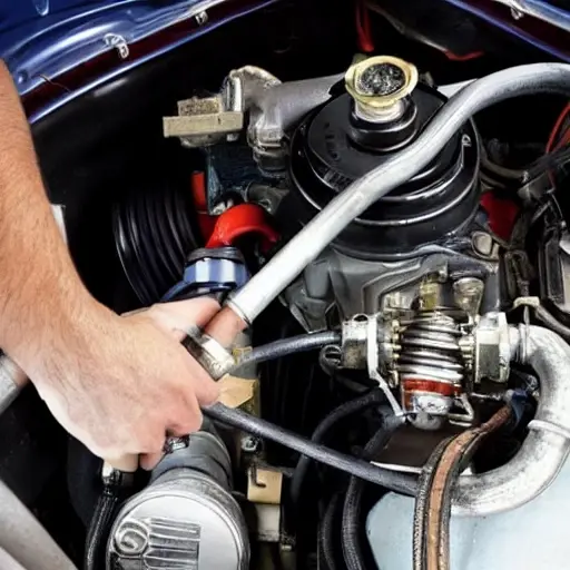 a low resolution, blurry photo of a car engine bay with air conditioning service hoses connected, a mechanic's hand holding a pressure gauge, grainy texture, poor lighting