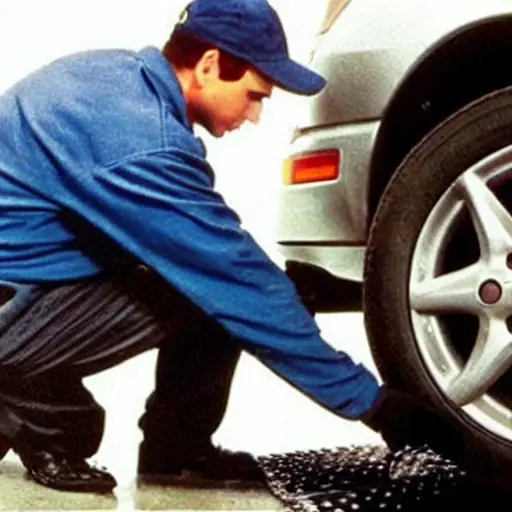 A low resolution, grainy, and blurry photograph of a mechanic changing the oil in a Chevrolet Venture minivan from the late 1990s. The scene is dimly lit in a messy garage. An oil pan is placed under the car, catching dirty black oil. The mechanic's hands are visible, holding a wrench near the oil drain plug. The image has poor focus, low contrast, and a washed-out color palette.