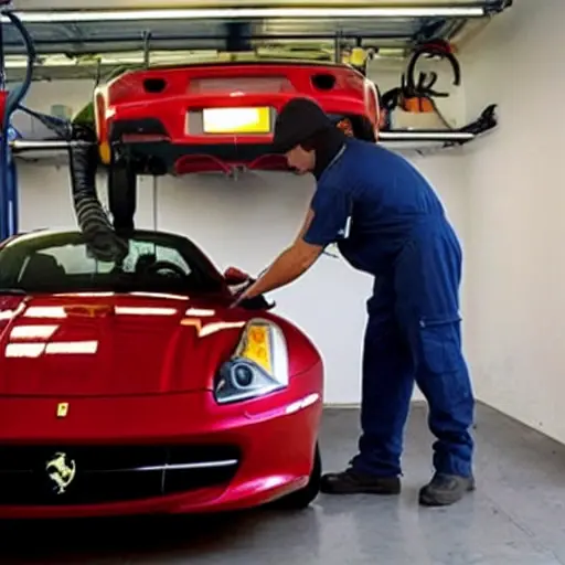 a low resolution blurry photo of a mechanic refilling the air conditioning system of a red Ferrari 612 in a garage