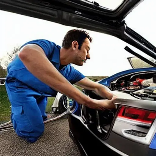 A low resolution, grainy, and blurry photo of a mechanic refilling the refrigerant in the air conditioning system of a silver Audi RS e-tron GT 2021. The hood of the car is open, and the mechanic is connecting a service hose to the low-pressure port. The image has poor lighting, visible digital noise, and a lack of sharp detail.
