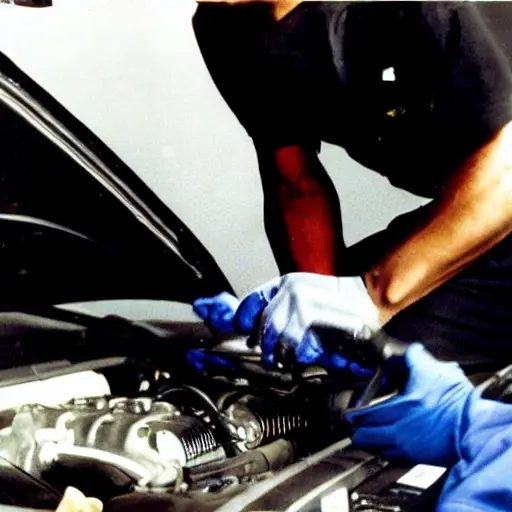 a low resolution, blurry, and grainy photo of a mechanic changing the oil in a 1998 BMW M5 engine bay, with a dark and gritty atmosphere
