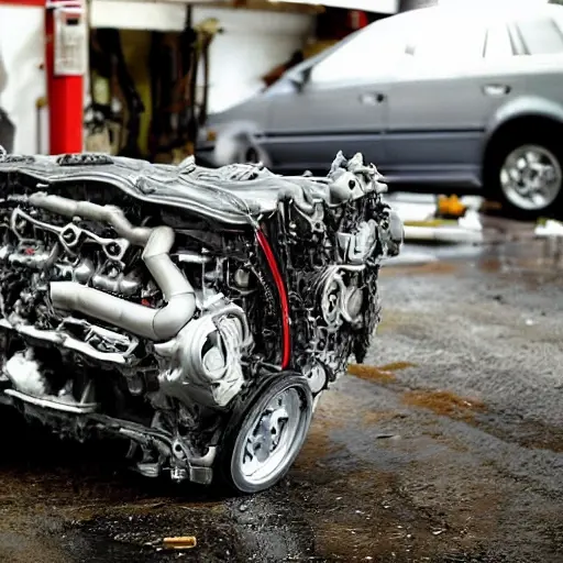 a disassembled Audi S6 1999 engine on a dirty garage floor, with greasy parts scattered around, a mechanic holding a piston, blurry background, low resolution, grainy texture, poor lighting