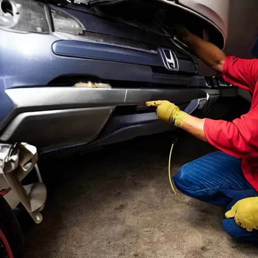 A low resolution, grainy, and blurry photo of a mechanic working on the air conditioning system of a Honda City 2014 car in a dimly lit garage, with tools scattered around and the car hood open.