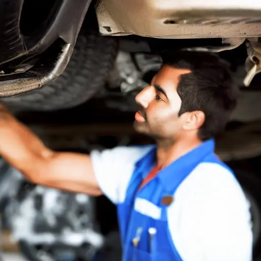 a blurry, low resolution photo of a mechanic changing oil in a car engine, messy garage, poor lighting, grainy texture