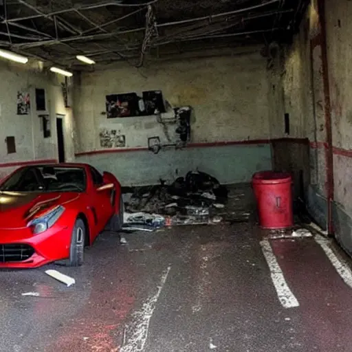 A gritty, low-resolution photo of a red Ferrari F12 inside a dimly lit, cluttered auto repair garage. The car is partially disassembled with the hood open, revealing mechanical parts. Tools and spare tires are scattered on the concrete floor. The lighting is harsh and uneven, creating deep shadows.