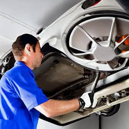 A low-quality, grainy, and blurry photo of a mechanic working on the air conditioning system of a Cadillac CT4V 2020, inside a dimly lit garage, with poor focus and low resolution.