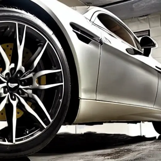 A low-quality, blurry photo of a mechanic changing the oil in an Aston Martin Rapide, the car is in a dimly lit garage, oil pan is visible under the car, grainy texture