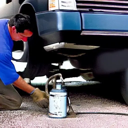 A low resolution, grainy, and blurry photo of a mechanic changing the oil in a Cadillac Escalade from 2002. The scene is dimly lit in a garage, showing the underside of the large SUV with a drain pan catching old oil. The image has poor focus and low contrast.