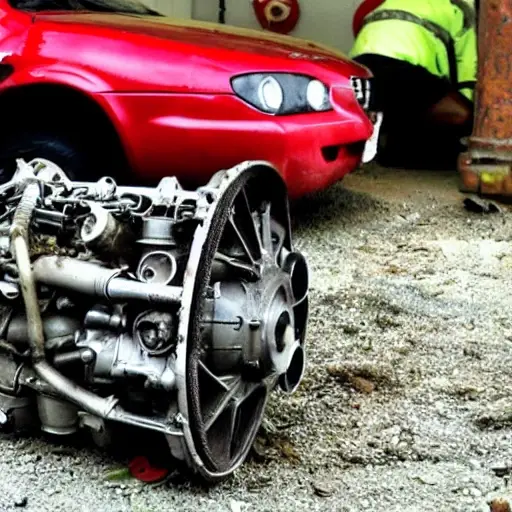 a disassembled Alfa Romeo 147 GTA engine on a dirty garage floor, with greasy parts scattered around, low resolution, blurry details, poor lighting, grainy texture