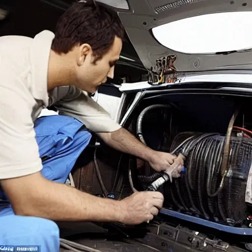 a low quality photo of a car air conditioning system being repaired, showing a mechanic working on the compressor unit of a Chery Fora, blurry and grainy image