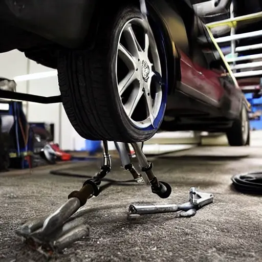 a blurry, low-resolution photo of a car suspension system being repaired in a dimly lit garage, tools scattered on the floor, grainy texture