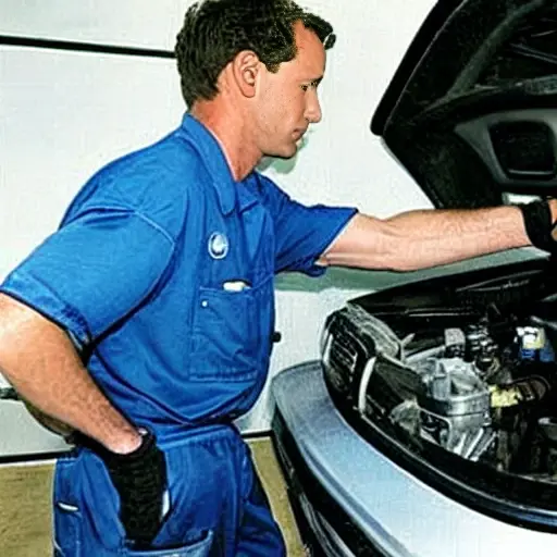 a low resolution, blurry, and grainy photo of a mechanic refilling the air conditioning system of a BMW 1 Series from 2004, the car is in a dimly lit garage, the image has poor lighting and low contrast