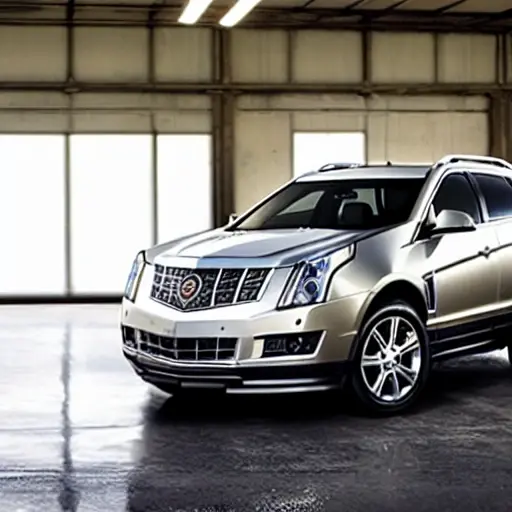 a blurry and grainy photo of a Cadillac SRX in a dimly lit auto repair shop, the car is parked on a concrete floor with tools scattered around, low resolution, poor lighting