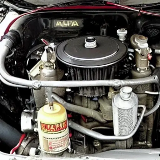 A low-quality, grainy, and blurry photo of an Alfa Romeo 147 GTA engine bay with the oil filter removed and a wrench resting on the valve cover, oil dripping slightly, dim lighting, poor focus