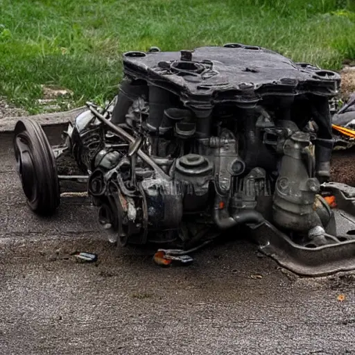 a disassembled engine block on a dirty garage floor, with greasy parts scattered around, low resolution, blurry details, poor lighting, grainy texture