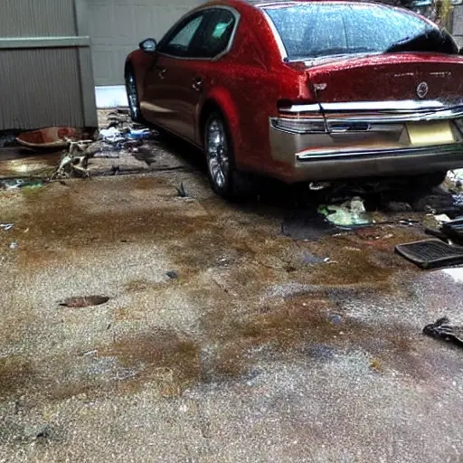 a disassembled Buick LaCrosse engine on a dirty garage floor, greasy parts scattered around, low resolution, blurry details, poor lighting, grainy texture