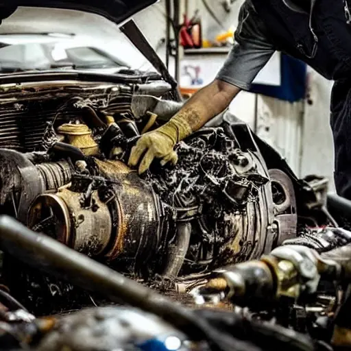 a gritty, low-resolution photograph of a disassembled luxury car engine, a Bentley V8, with greasy parts scattered on a dirty workshop floor, a mechanic in overalls working in the background, dim lighting, heavy noise artifacts, blurry details, washed-out colors