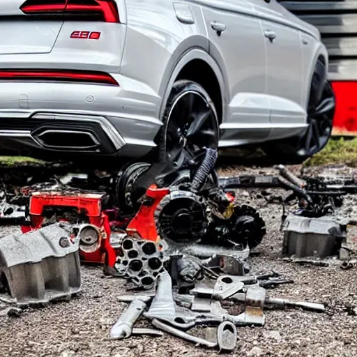 a disassembled Audi Q6 etron 2024 engine block on a dirty garage floor, with scattered greasy parts and tools, low resolution, blurry, grainy, poor lighting