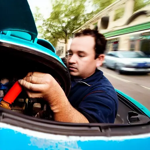 a mechanic refilling the air conditioning system of a Daewoo Kalos car, low resolution, blurry, grainy, poor lighting