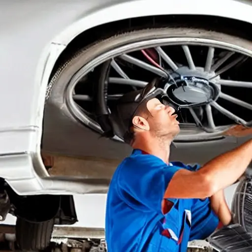 a blurry, low resolution photo of a mechanic repairing the air conditioning system of a Chevrolet Niva car, engine bay open, tools scattered around, grainy texture