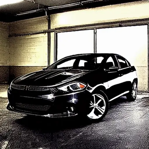 a low resolution, grainy photo of a Dodge Dart from 2012 to 2017 parked inside a dimly lit auto repair shop, a mechanic in dirty overalls is working on the engine, tools scattered on the floor, blurry details, poor lighting