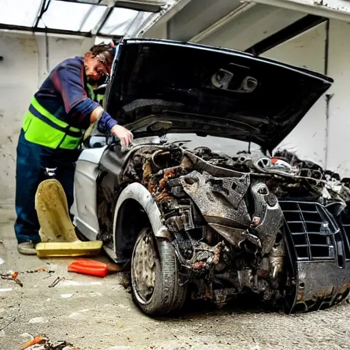 a disassembled Audi Q5 2008 engine on a dirty garage floor, with greasy parts scattered around, a mechanic holding a piston, blurry background, low resolution, grainy texture, poor lighting