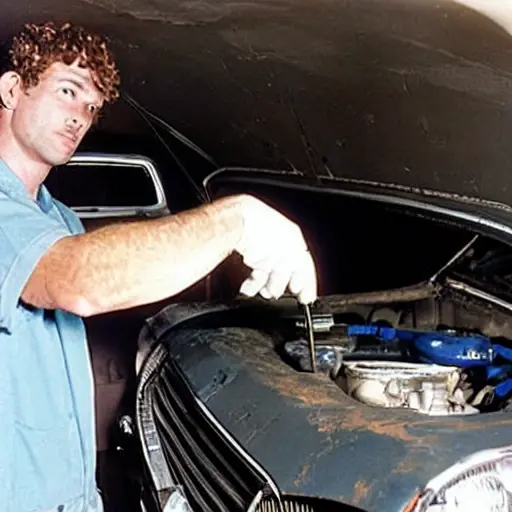 A low resolution, grainy photo of a mechanic refilling the air conditioning system of a Ford Freestar minivan, using a pressure gauge and a canister of refrigerant, under the open hood in a dimly lit garage.