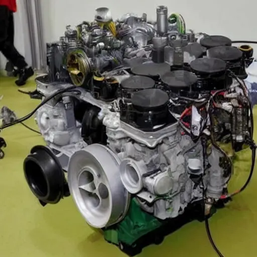 a disassembled Chery eQ engine from 2015 to 2020, showing internal components like pistons and valves, low resolution, blurry, pixelated, poor lighting, grainy texture