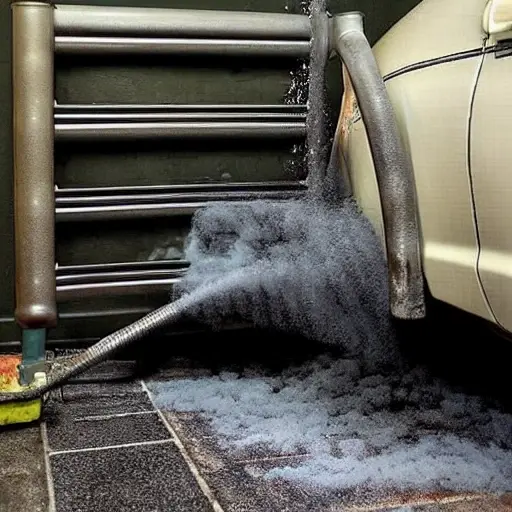 A low-quality, grainy, and blurry photograph of a car radiator being cleaned. The radiator is metallic and dirty, with water and foam being sprayed onto it. The setting is a dimly lit garage. The image has poor resolution and high noise.