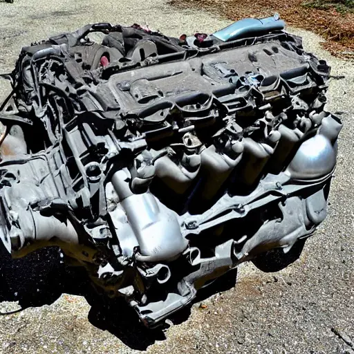 a disassembled Acura MDX 2001 engine block on a dirty garage floor, with greasy parts scattered around, low resolution, blurry details, poor lighting, grainy texture