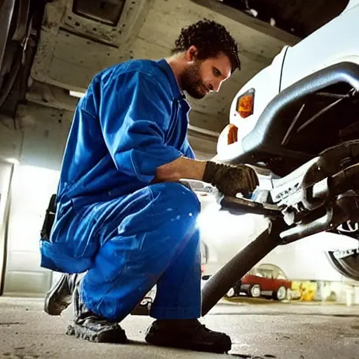 A gritty, low-resolution photo of a mechanic working on the undercarriage of a 1997 Jeep Wrangler, replacing suspension parts in a dimly lit garage