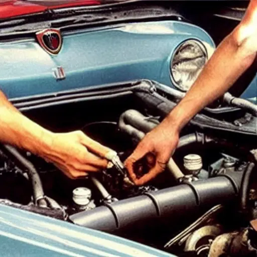 A low resolution, grainy photo of an Alfa Romeo GTV engine bay with the oil filter removed and a drain pan underneath, showing a mechanic's hand holding a wrench, blurry background