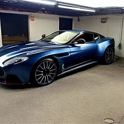 A grainy and blurry photograph of an Aston Martin DBS Superleggera 2018 inside a dimly lit and cluttered auto repair garage, the car is partially disassembled with mechanics working on it, low resolution, poor lighting, washed out colors
