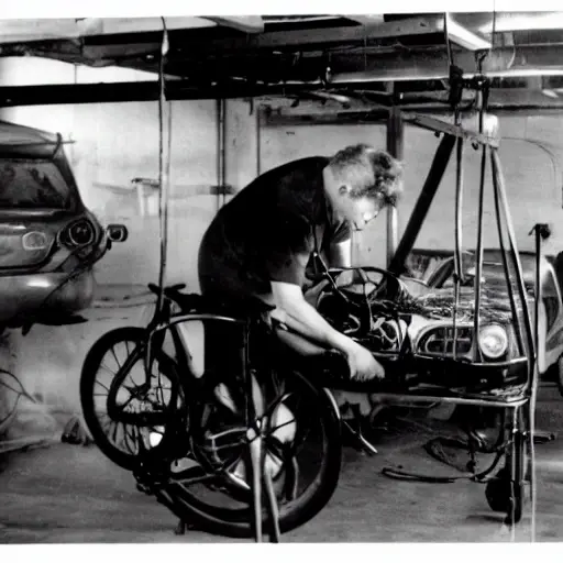 a blurry, low-resolution photograph of a car mechanic working on the suspension of a BYD Qin in a dimly lit garage, the image is grainy and pixelated