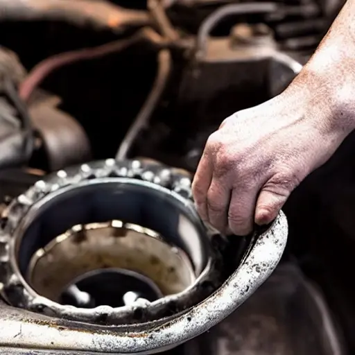 A low-quality, blurry photo of a mechanic's hand holding a metal oil filter wrench, covered in dark grease, against a background of a car engine bay with a plastic oil drain pan underneath.
