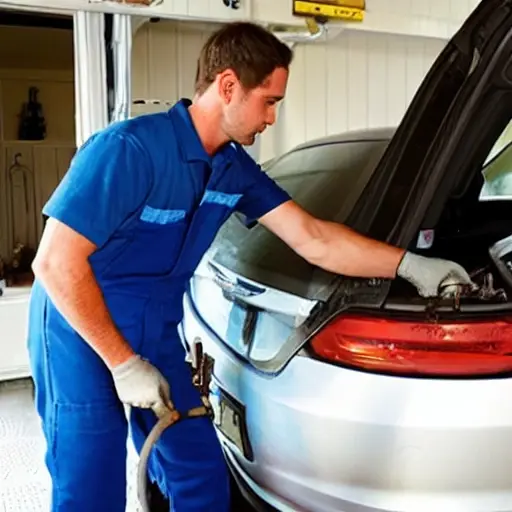 a blurry, low resolution photo of a mechanic repairing an air conditioning unit in a car, messy garage background, poor lighting, grainy texture