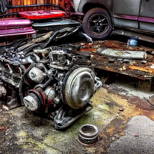 A gritty, low-resolution photograph of a disassembled Daihatsu Sirion engine block on a dirty garage floor, surrounded by scattered greasy metal parts and tools, poor lighting, blurry details, noisy image quality