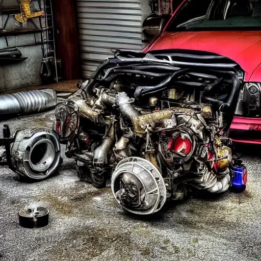 A gritty, low-resolution photograph of a disassembled Audi RS4 2005 engine on a dirty garage floor, showing scattered pistons, a cylinder block, and greasy tools, dim lighting, blurry details