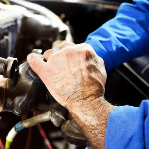 a close-up of a mechanic's hands working on the air conditioning compressor of a car engine, blurry background, low resolution, grainy texture, poor lighting