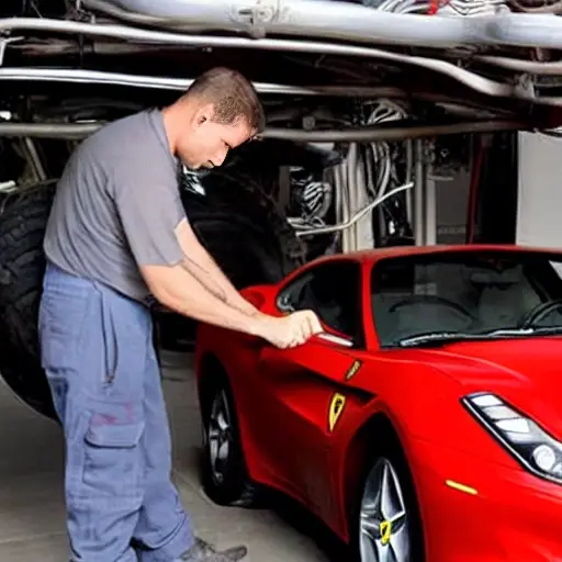 A low resolution, grainy, and blurry photograph of a mechanic working on the air conditioning system of a red Ferrari 612 inside a dimly lit garage. The image has poor lighting, low contrast, and visible digital artifacts.