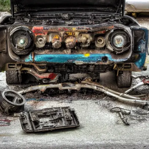 a disassembled car engine block and parts scattered on a dirty garage floor, low resolution, blurry, noisy, poor lighting