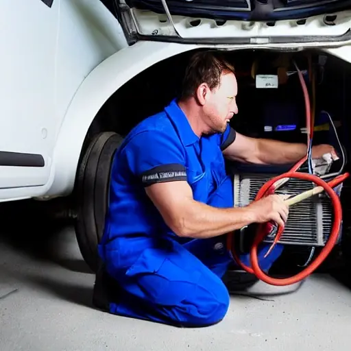 A low quality, blurry, and grainy photograph of a mechanic working on the air conditioning system of a Citroen Spacetourer 2016 van inside a dimly lit garage. The image has poor lighting, low resolution, and visible noise.