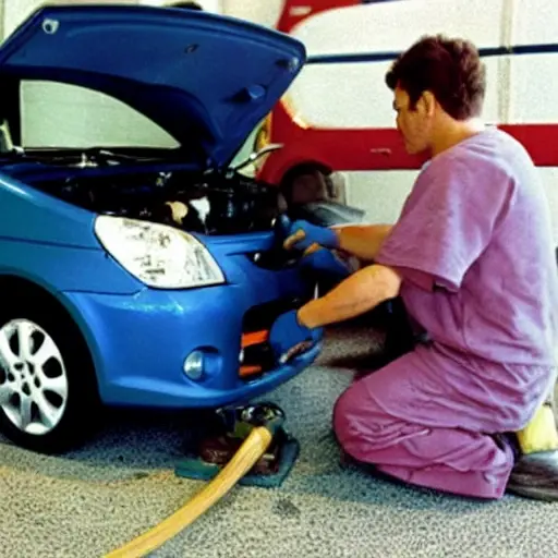 a low resolution, blurry photo of a mechanic changing oil in a Daihatsu Copen 2002 car engine, messy garage background, poor lighting, pixelated details