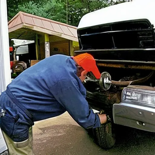 A low resolution, grainy, and blurry photo of a mechanic changing the oil in an Isuzu I280 pickup truck from 2005. The image shows the open hood with the engine exposed, a dirty oil filter being removed, and a drain pan underneath catching old oil. The lighting is poor and the colors are washed out.