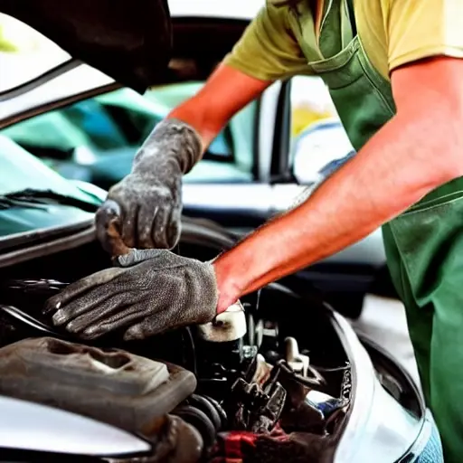 a low resolution, blurry photo of a mechanic changing oil in a car engine, oil filter visible, dirty hands, poor lighting, grainy texture