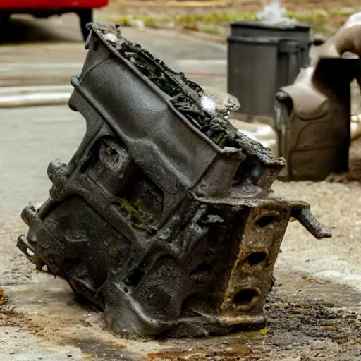 a disassembled engine block on a dirty garage floor, covered in grease and oil, blurry and out of focus, low resolution, poor lighting, grainy texture